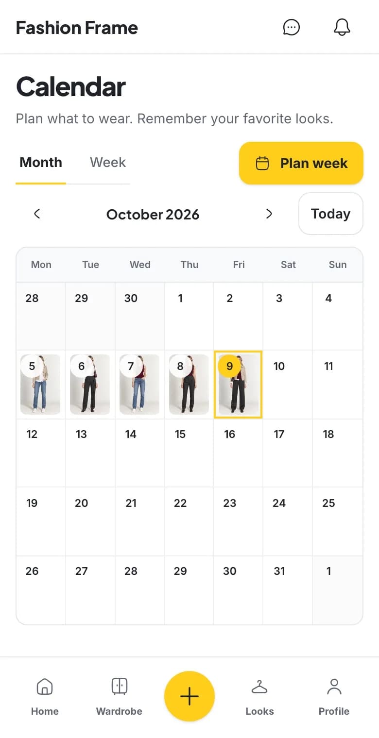 The Fashion Frame Calendar shows a planned look for every weekday, then the week view scrolls down to Friday's dinner outfit