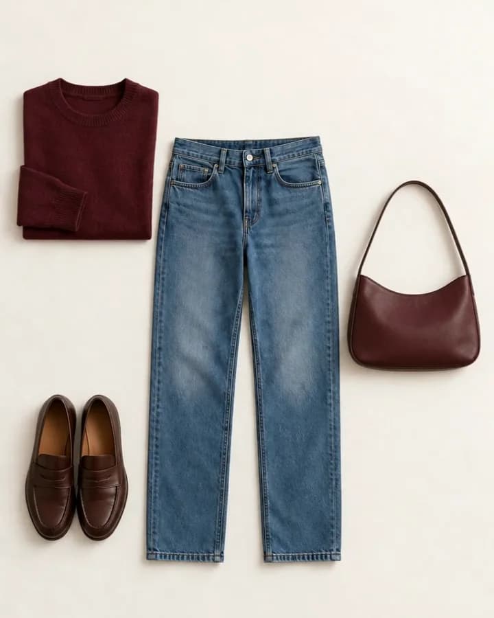 An ivory shirt, blue jeans, a sand jacket and sneakers land on paper, then the jeans stay while a burgundy knit, loafers and a burgundy bag take over