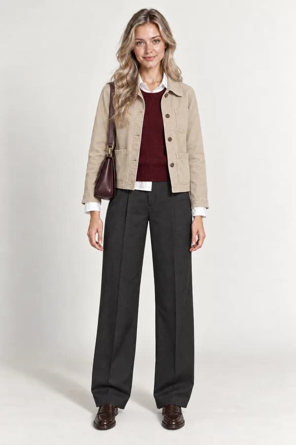 The same woman wearing an ivory shirt, burgundy knit, sand jacket, charcoal trousers, loafers and a burgundy bag